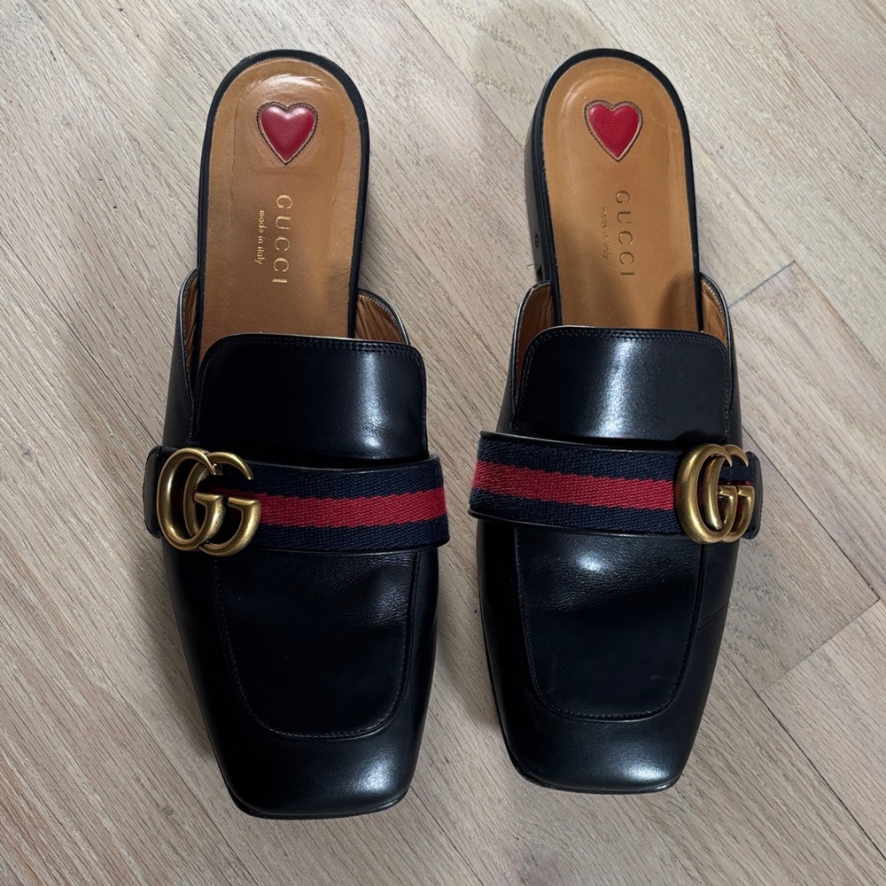 Gucci GG Web Peyton Mule Black Leather Size 38